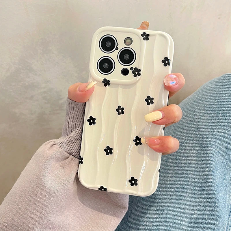 Black Floral 3D Wave iPhone Case – Soft Silicone White Bumper Cover for iPhone 13, 14, 15, 16, 11 Pro Max