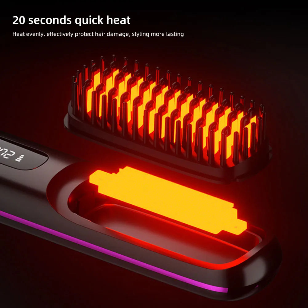 Electric LCD Usb Ceramic Heating Straight Hair Comb Wireless Portable Negative Ion Styling Tool Rechargeable Straightening Brush