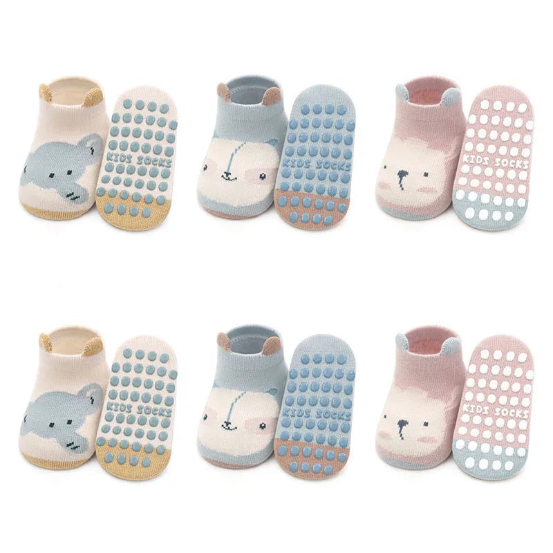 6 Pairs Kids Non-Slip Cotton Socks – Cartoon Animal Floor Socks for Boys & Girls | Breathable & Comfy Baby Footwear