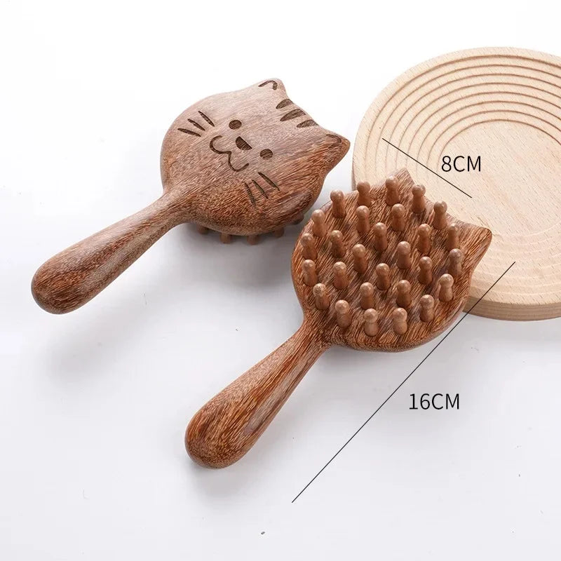 Cat Shaped Airbag Comb Golden Silk Sandalwood Handle round Handle Professional Hairdressing Salon Comb for Extensions And Wigs