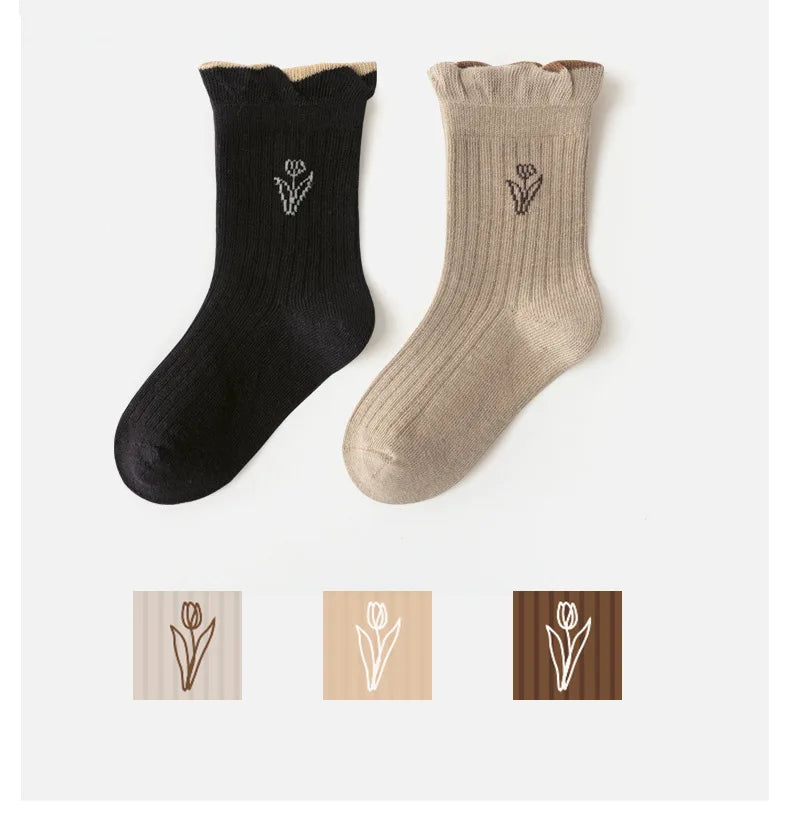 5 Pairs Autumn Socks Girls Floral Tulip Socks A Class Cotton Solid Socks Children Medium Length Spring Socks Baby Kids Socks