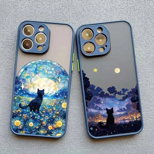 Artistic Black Cat Starry Night iPhone Case -Shockproof Cover for iPhone 14, 15, 16 Series - MERRIAiPhone CaseMERRIA