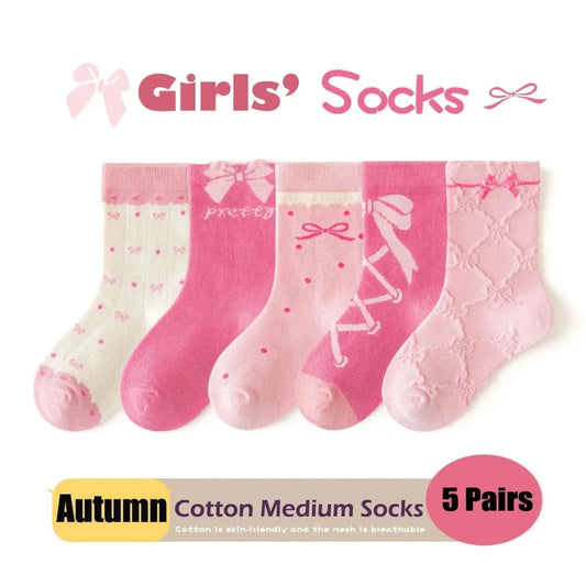 Sweet Rosy Bowknot Spring Girls Socks - 5 Pairs Kids Calf Cotton Children Socks - MERRIAKids SocksMERRIA
