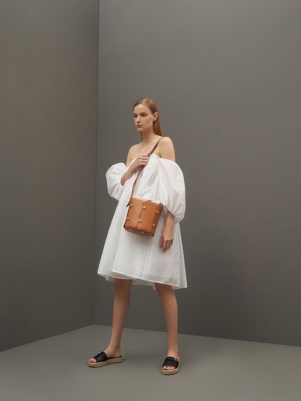 Charles & Keith Studded Drawstring Bucket Bag - Cognac