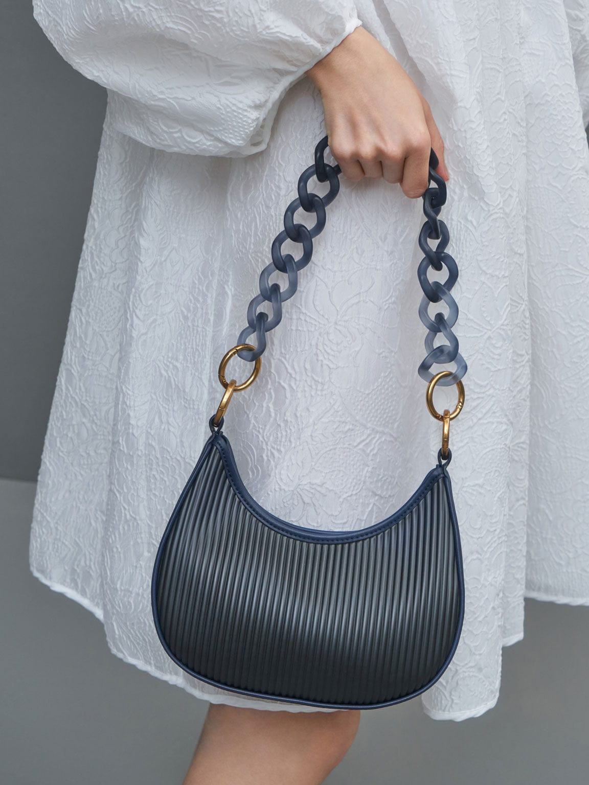 Charles & Keith Acrylic Chain Handle Hobo Bag - Navy