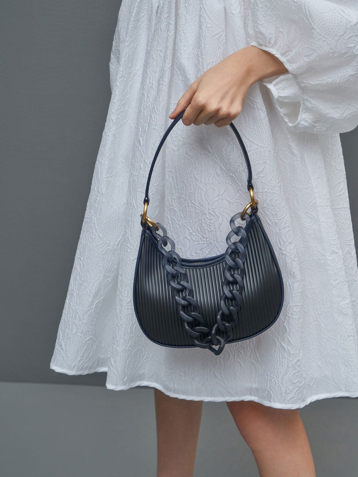 Charles & Keith Acrylic Chain Handle Hobo Bag - Navy