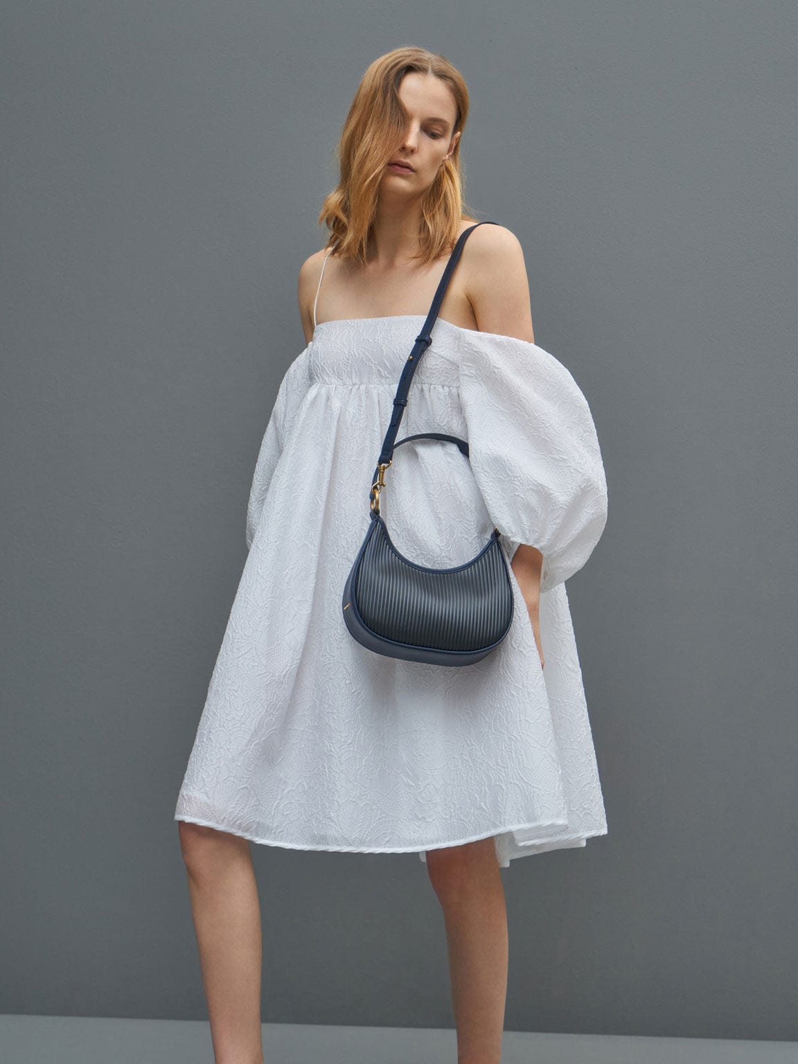 Charles & Keith Acrylic Chain Handle Hobo Bag - Navy