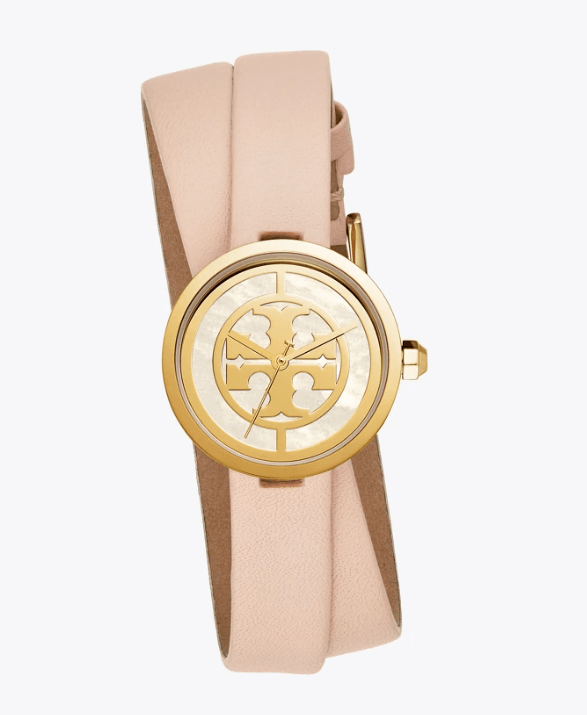 Tory Burch Reva Double Wrap Watch Nude Leather Gold Tone MERRIA