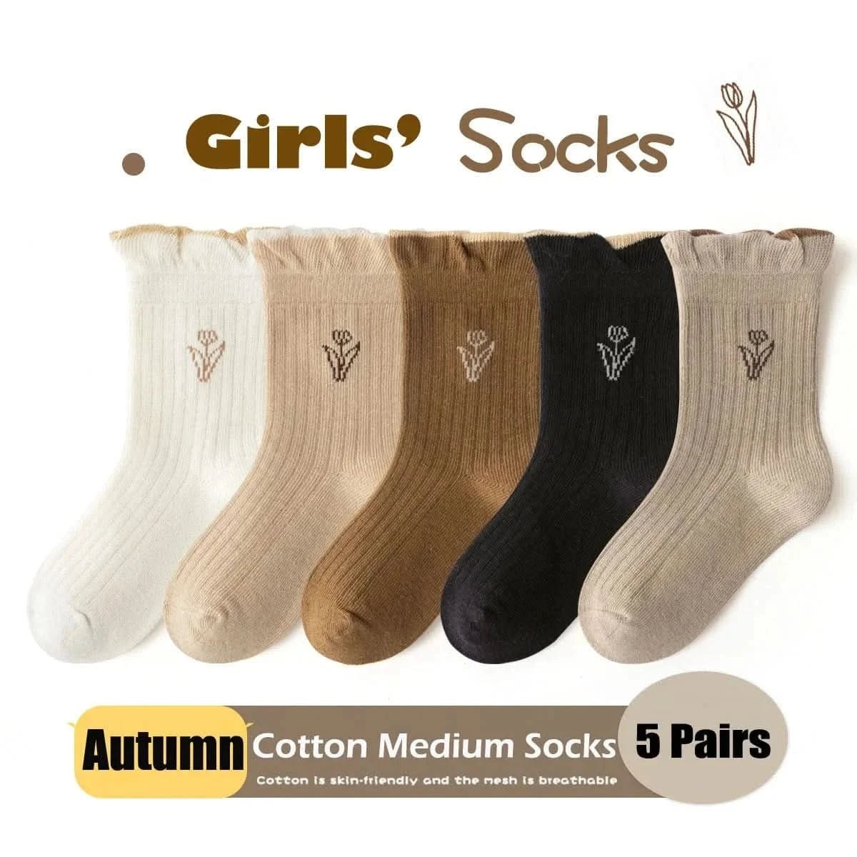 5 Pairs Girls Floral Tulip Cotton Socks - Medium Length Spring/Autumn Baby Kids Socks - MERRIAKids SocksMERRIA