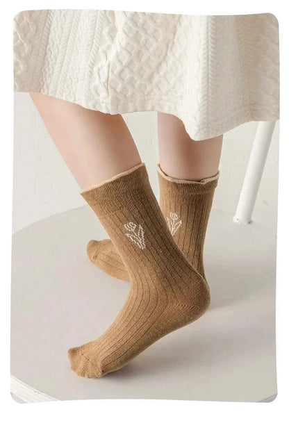 5 Pairs Girls Floral Tulip Cotton Socks - Medium Length Spring/Autumn Baby Kids Socks - MERRIAKids SocksMERRIA