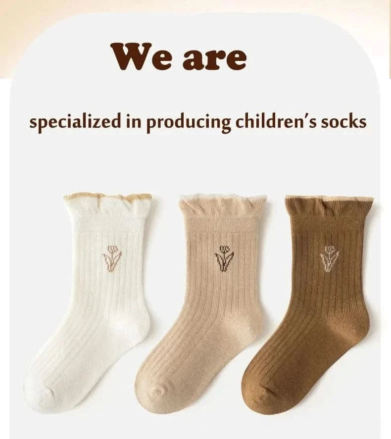 5 Pairs Girls Floral Tulip Cotton Socks - Medium Length Spring/Autumn Baby Kids Socks - MERRIAKids SocksMERRIA