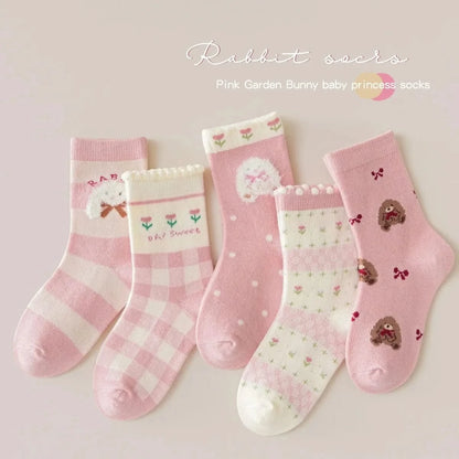 5 Pairs Girls Floral Tulip Cotton Socks - Medium Length Spring/Autumn Baby Kids Socks - MERRIAKids SocksMERRIA