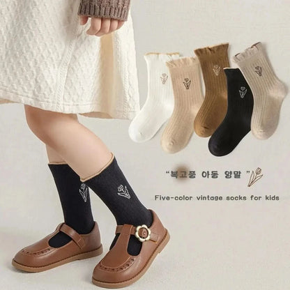 5 Pairs Girls Floral Tulip Cotton Socks - Medium Length Spring/Autumn Baby Kids Socks - MERRIAKids SocksMERRIA
