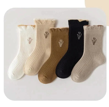 5 Pairs Girls Floral Tulip Cotton Socks - Medium Length Spring/Autumn Baby Kids Socks - MERRIAKids SocksMERRIA