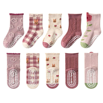 Cartoon Flowers Kids Non-slip Cotton Socks - Pack of 5 - MERRIAKids SocksMERRIA