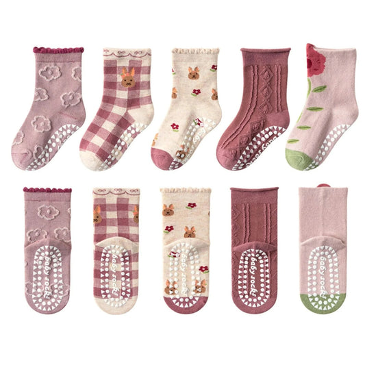 Cartoon Flowers Kids Non-slip Cotton Socks - Pack of 5 - MERRIAKids SocksMERRIA