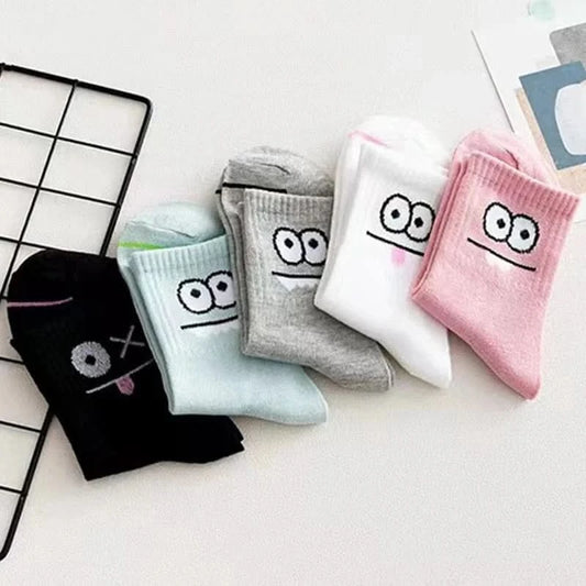 5 Pairs Cute Expression Print Mid Tube Socks, Women's Comfy & Funny Stockings - MERRIAAdult SocksMERRIA