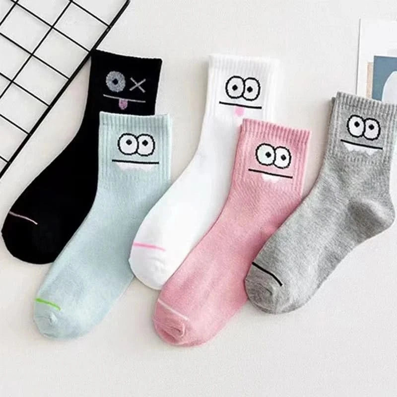 5 Pairs Cute Expression Print Mid Tube Socks, Women's Comfy & Funny Stockings - MERRIAAdult SocksMERRIA