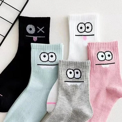 5 Pairs Cute Expression Print Mid Tube Socks, Women's Comfy & Funny Stockings - MERRIAAdult SocksMERRIA