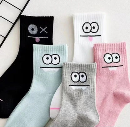 5 Pairs Cute Expression Print Mid Tube Socks, Women's Comfy & Funny Stockings - MERRIAAdult SocksMERRIA