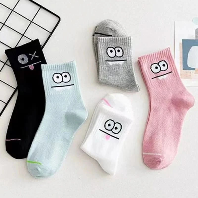 5 Pairs Cute Expression Print Mid Tube Socks, Women's Comfy & Funny Stockings - MERRIAAdult SocksMERRIA
