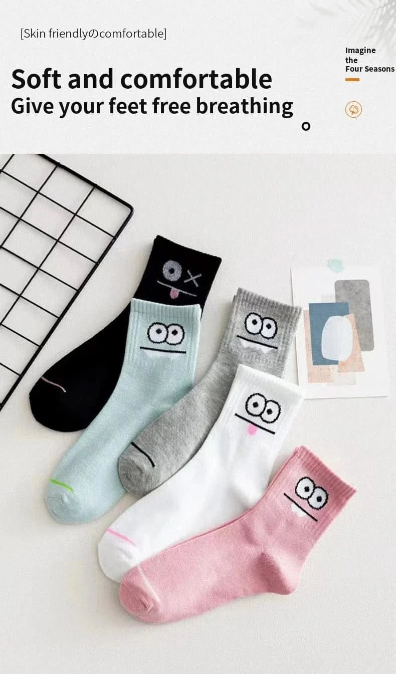 5 Pairs Cute Expression Print Mid Tube Socks, Women's Comfy & Funny Stockings - MERRIAAdult SocksMERRIA