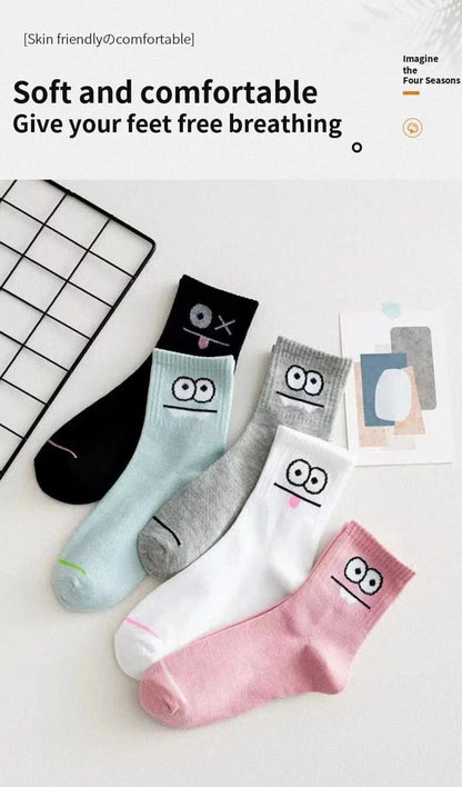 5 Pairs Cute Expression Print Mid Tube Socks, Women's Comfy & Funny Stockings - MERRIAAdult SocksMERRIA