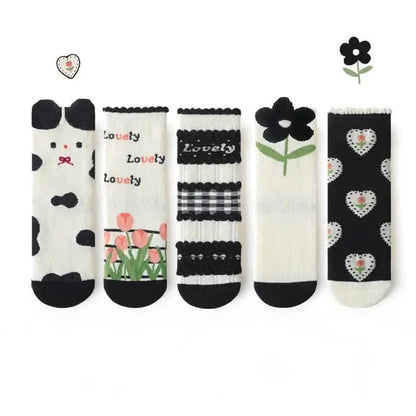 5 Pairs Girls' Floral Print Cotton Socks - Soft Toddler Footwear for Spring/Autumn - MERRIAKids SocksMERRIA