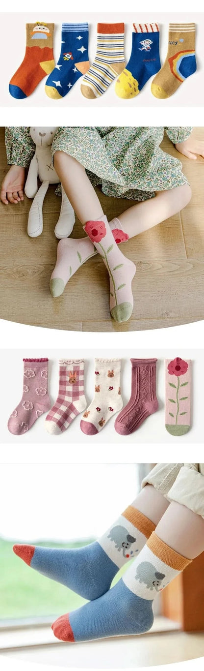 5 Pairs Girls' Floral Print Cotton Socks - Soft Toddler Footwear for Spring/Autumn - MERRIAKids SocksMERRIA