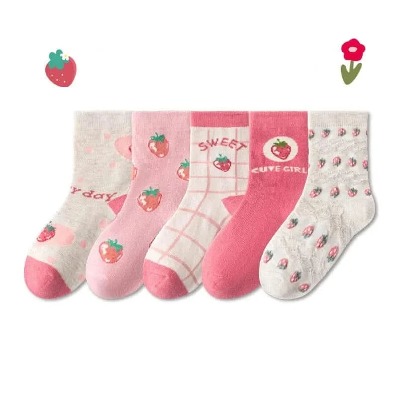 5 Pairs Girls' Floral Print Cotton Socks - Soft Toddler Footwear for Spring/Autumn - MERRIAKids SocksMERRIA