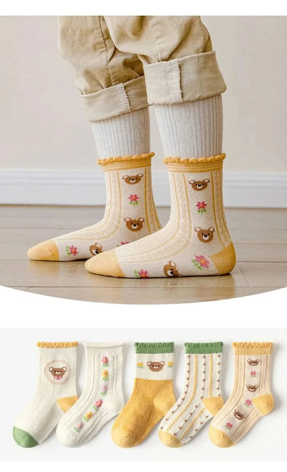 5 Pairs Girls' Floral Print Cotton Socks - Soft Toddler Footwear for Spring/Autumn - MERRIAKids SocksMERRIA