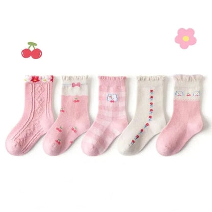 5 Pairs Girls' Floral Print Cotton Socks - Soft Toddler Footwear for Spring/Autumn - MERRIAKids SocksMERRIA