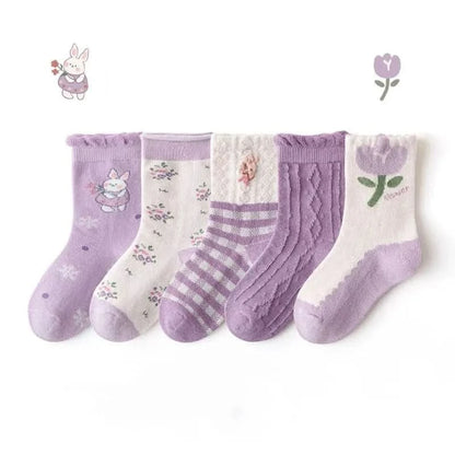 5 Pairs Girls' Floral Print Cotton Socks - Soft Toddler Footwear for Spring/Autumn - MERRIAKids SocksMERRIA
