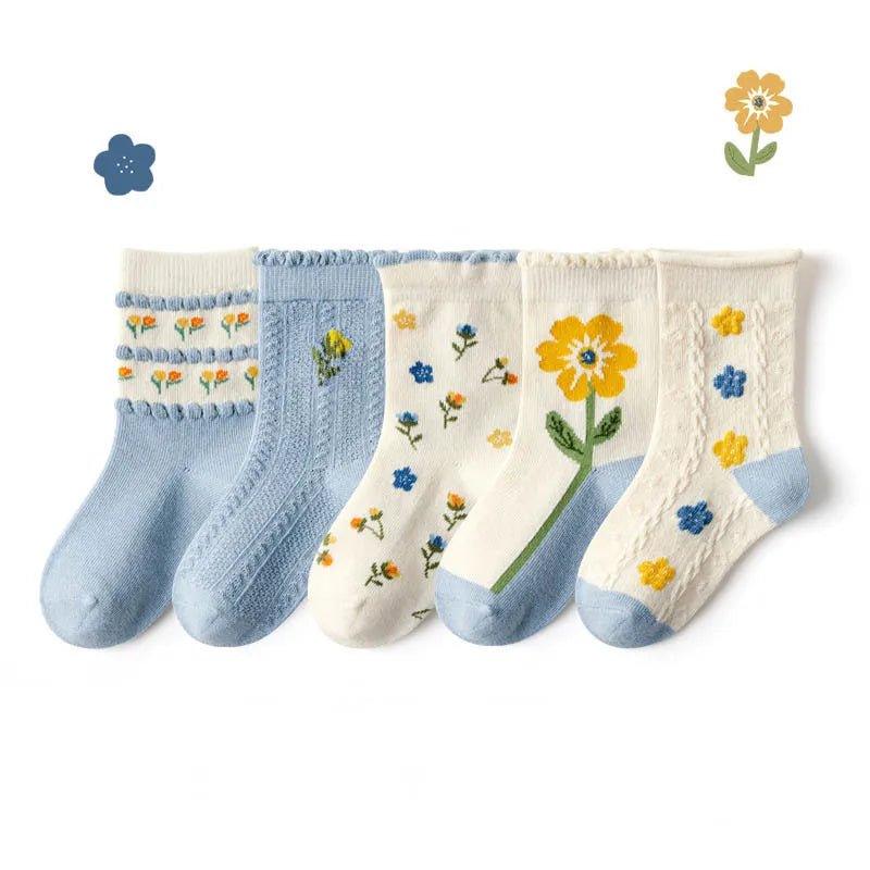 5 Pairs Girls' Cotton Socks – Soft Floral Print Toddler Socks for Spring & Autumn | Comfortable Kids Footwear
