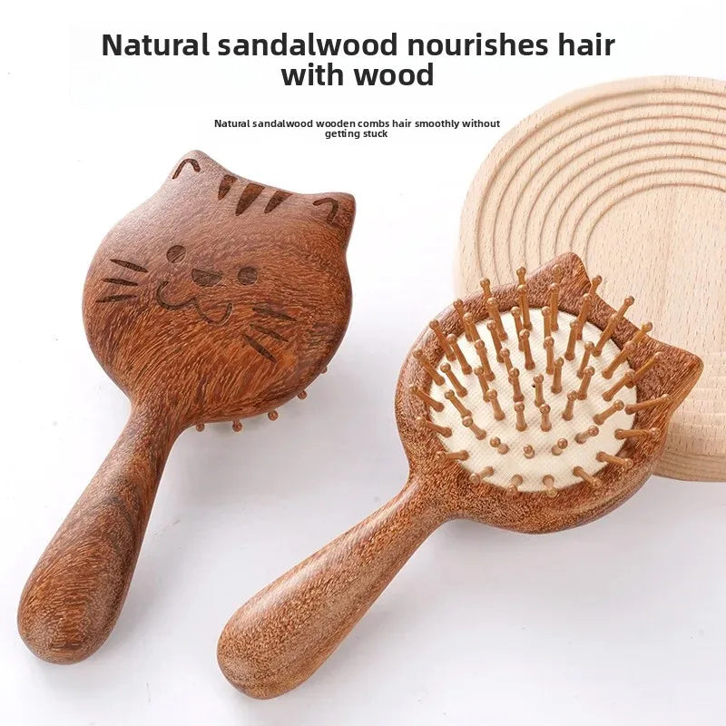 Cat Shaped Airbag Comb Golden Silk Sandalwood Handle round Handle Professional Hairdressing Salon Comb for Extensions And Wigs