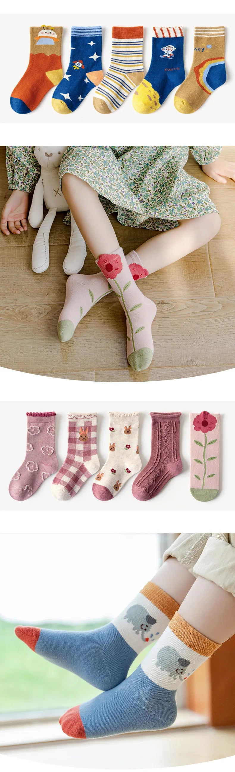 5 Pairs Girls' Cotton Socks – Soft Floral Print Toddler Socks for Spring & Autumn | Comfortable Kids Footwear
