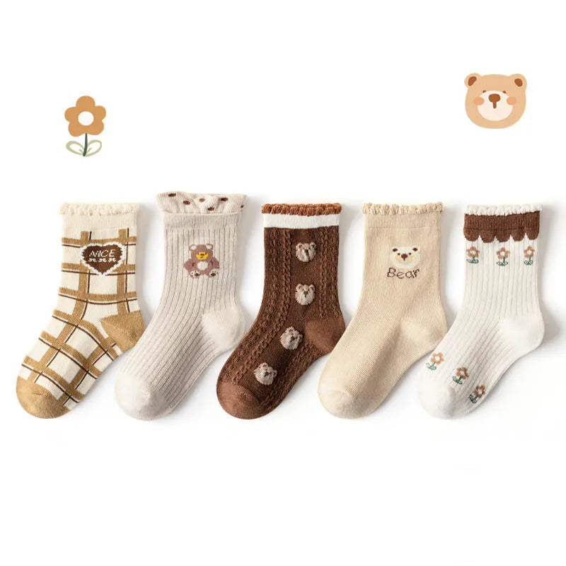 5 Pairs Girls' Cotton Socks – Soft Floral Print Toddler Socks for Spring & Autumn | Comfortable Kids Footwear