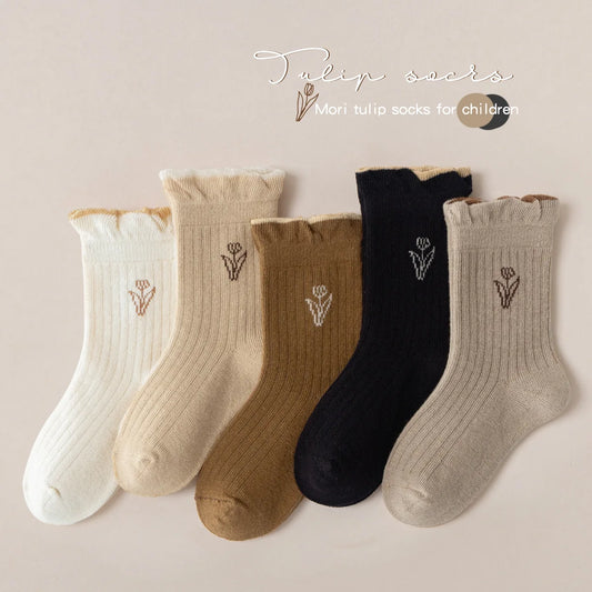5 Pairs Autumn Socks Girls Floral Tulip Socks A Class Cotton Solid Socks Children Medium Length Spring Socks Baby Kids Socks