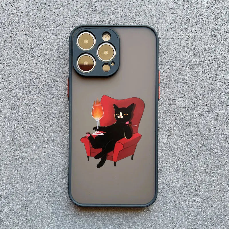 Dark Funny Cartoon Cat iPhone Case – Animal Soft Cover for iPhone 14, 15, 16 Series | Cute & Protective Phone Case