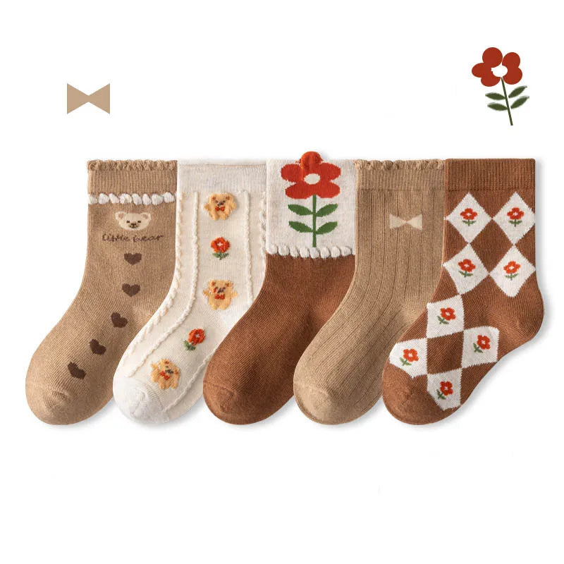 5 Pairs Girls' Cotton Socks – Soft Floral Print Toddler Socks for Spring & Autumn | Comfortable Kids Footwear