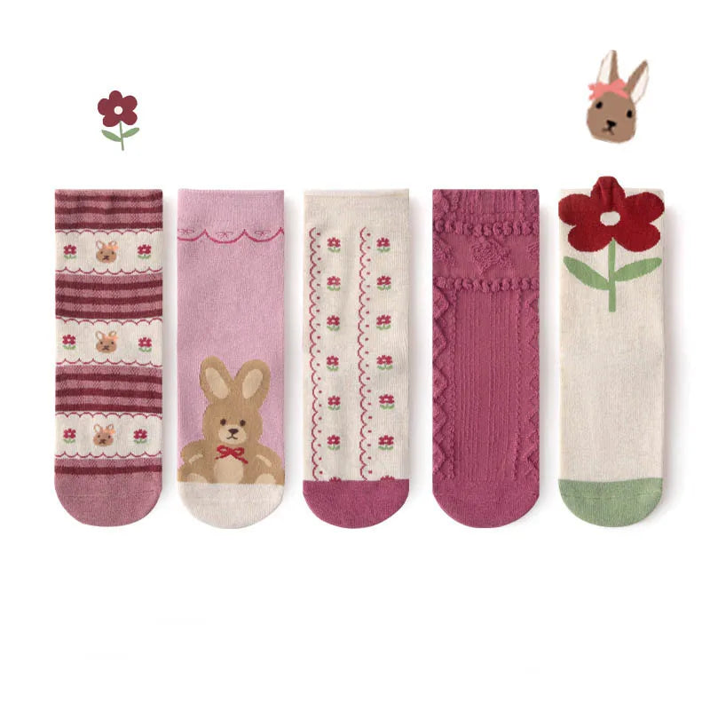 5 Pairs Girls' Cotton Socks – Soft Floral Print Toddler Socks for Spring & Autumn | Comfortable Kids Footwear