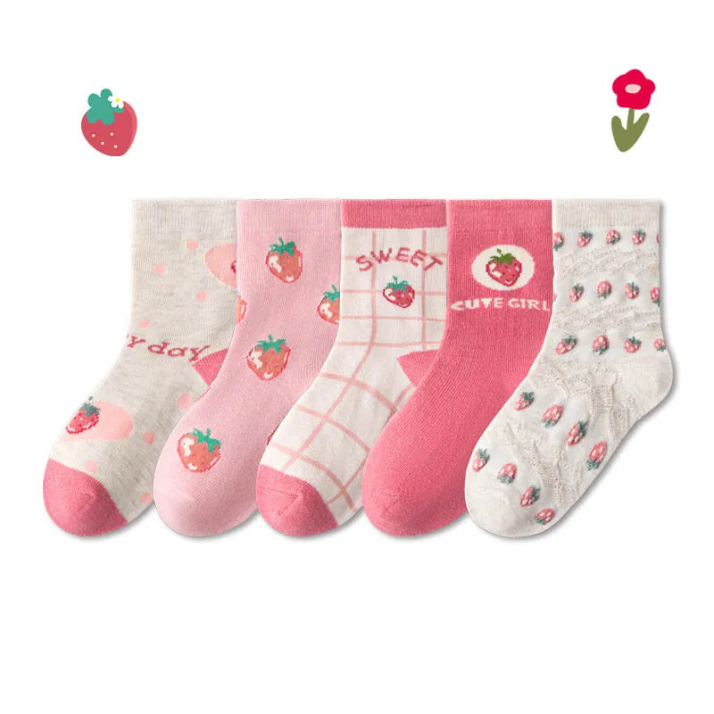 5 Pairs Girls' Cotton Socks – Soft Floral Print Toddler Socks for Spring & Autumn | Comfortable Kids Footwear