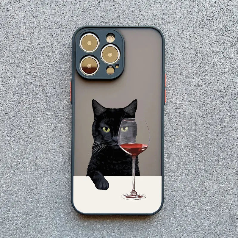 Cute Cat Goblet Drink Couple iPhone Case – Shockproof Back Cover for iPhone 16 Pro Max, 15 Pro Max, 14 Pro Max
