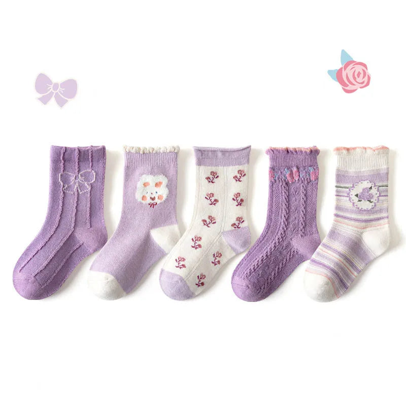 5 Pairs Girls' Cotton Socks – Soft Floral Print Toddler Socks for Spring & Autumn | Comfortable Kids Footwear