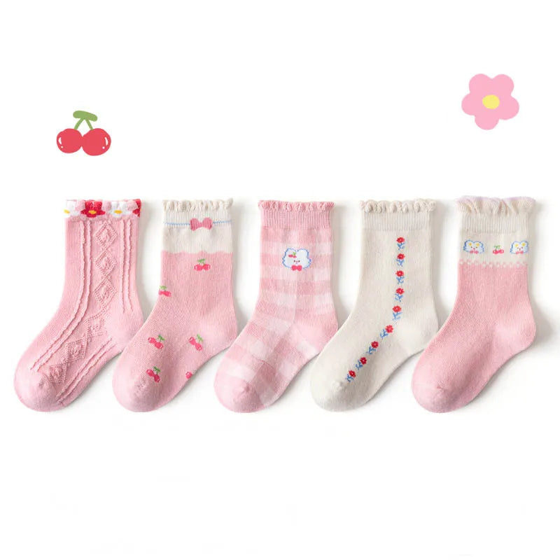 5 Pairs Girls' Cotton Socks – Soft Floral Print Toddler Socks for Spring & Autumn | Comfortable Kids Footwear
