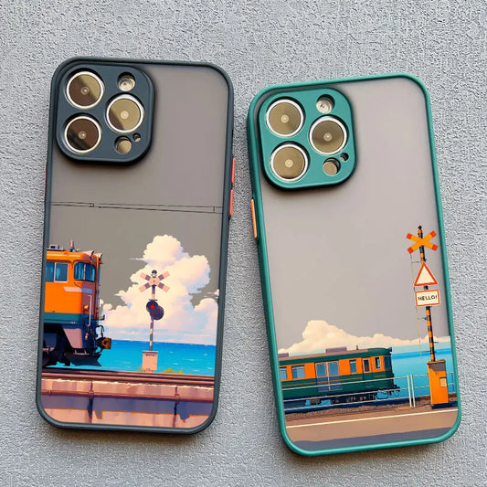 Landscape Cloud Tram Illustration iPhone Case – Soft Back Cover for iPhone 16 Pro Max, 15 Pro Max, 14 Pro Max