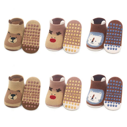 6 Pairs Kids Non-Slip Cotton Socks – Cartoon Animal Floor Socks for Boys & Girls | Breathable & Comfy Baby Footwear