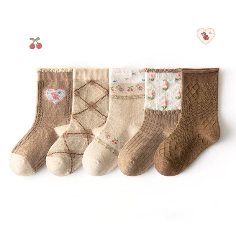 5 Pairs Girls' Cotton Socks – Soft Floral Print Toddler Socks for Spring & Autumn | Comfortable Kids Footwear