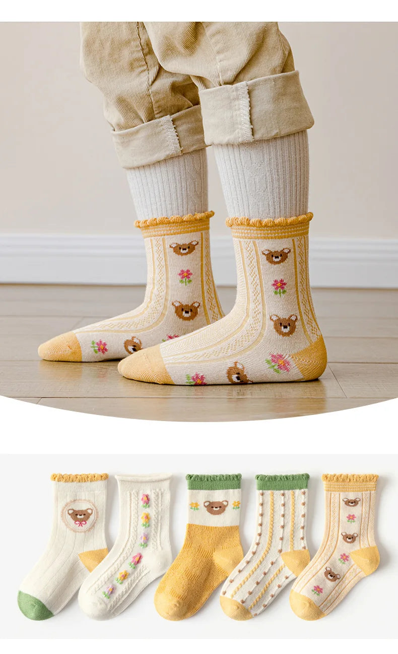 5 Pairs Girls' Cotton Socks – Soft Floral Print Toddler Socks for Spring & Autumn | Comfortable Kids Footwear