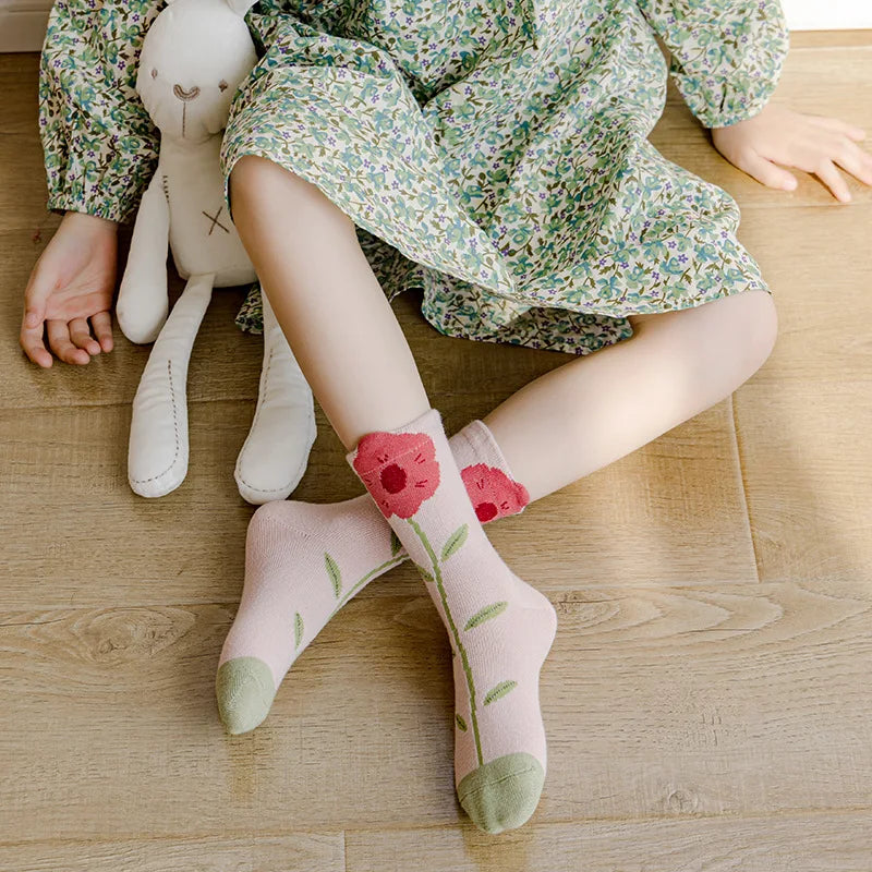 5 Pairs Girls' Cotton Socks – Soft Floral Print Toddler Socks for Spring & Autumn | Comfortable Kids Footwear